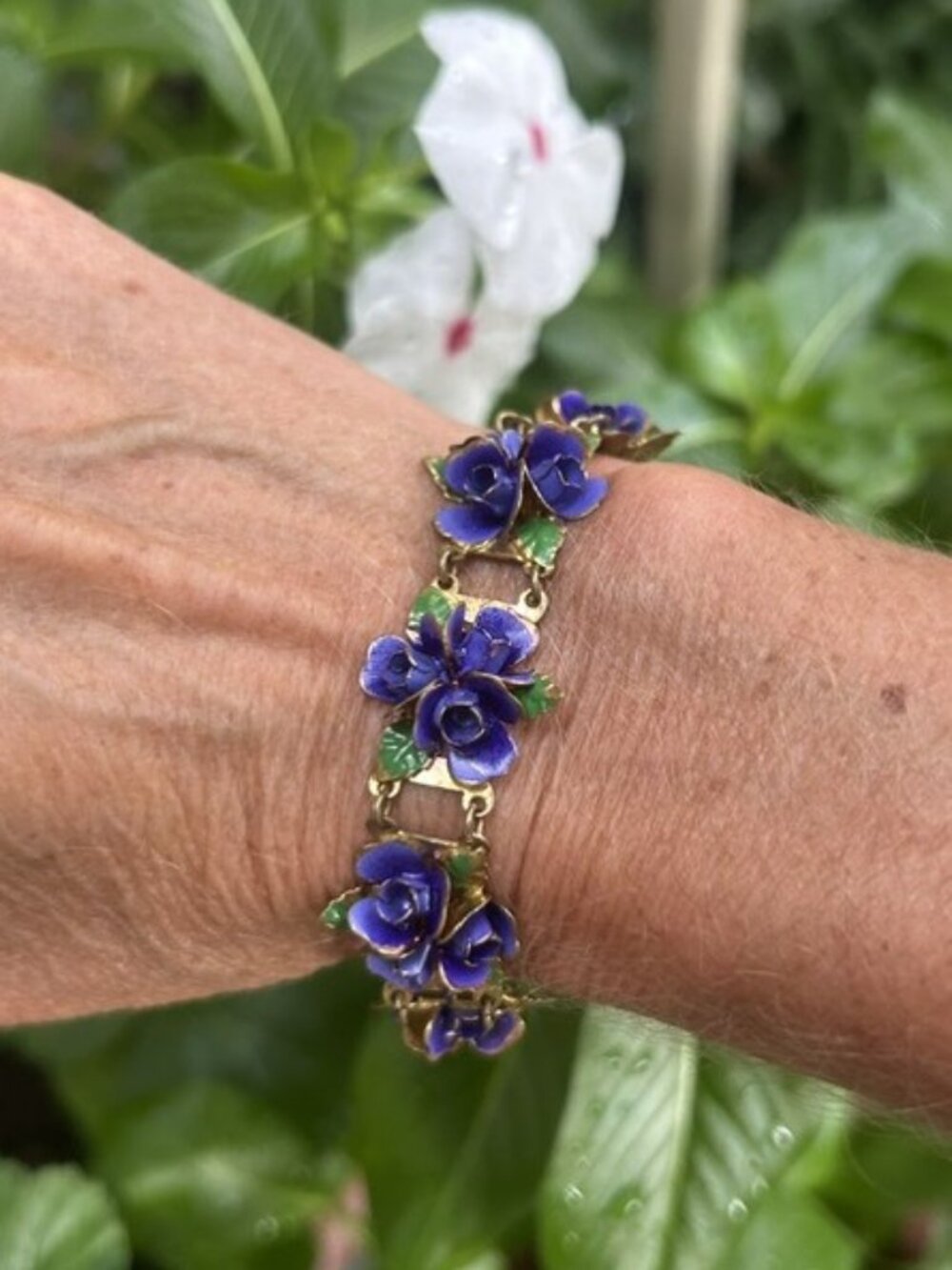 PURPLE GREEN ENAMEL 3-D Flower Brass Link BRACELET